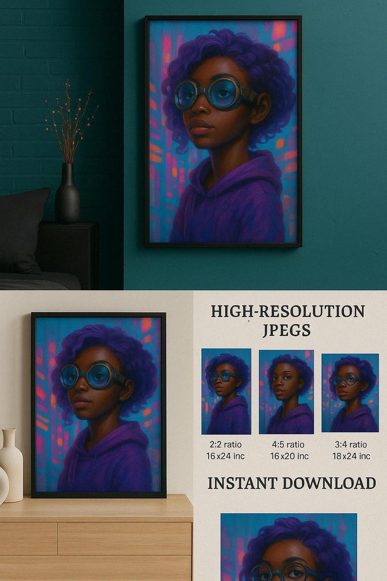 Cyberpunk Girl Art Print: Afro Futuristic Neon Steampunk (digital ...