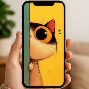 Cute Cat Peekaboo Wallpaper – Kawaii Kitty Digital Phone Background – Funny Cat Art for iPhone & Android – Yellow Minimalist Lock Screen