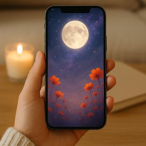 Moon Blossom Handy Hintergrundbilder - Verträumter Vollmond - Sternenhimmel | Digitaler Download für iPhone & Android