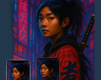 May include: A digital wallpaper featuring a woman with dark hair and a red jacket. She is holding a katana sword and standing in front of a neon-lit cityscape. The text "者" is visible on her jacket.