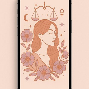 Może przedstawiać: Smartfon wyświetla ilustrację znaku zodiaku Wagi. Projekt przedstawia twarz kobiety z rozwianymi włosami, otoczoną kwiatami i symbolami niebieskimi. Paleta kolorów obejmuje odcienie brzoskwini, różu i brązu.