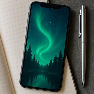 Aurora Borealis Phone Wallpaper: Forest Night Sky (Digital Download)
