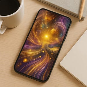 May include: A smartphone displaying a colorful abstract background with swirling lines and glowing orbs. The background is a mix of purple, gold, and black.