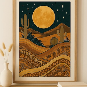 Boho Desert Moon Print: Southwestern Cactus Wall Art (Digital Download)