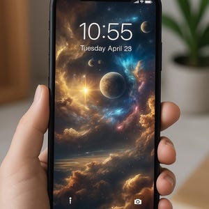 Pode incluir: Um smartphone exibindo um papel de parede com tema de galáxia com uma estrela brilhante e planetas. A hora é 10:55 e a data é terça-feira, 28 de abril.