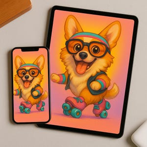 May include: A digital illustration of a corgi dog wearing roller skates, glasses, and a headband. The corgi is orange and white with a black vest and is set against a gradient background of orange and pink. The image is displayed on a tablet and a smartphone.
