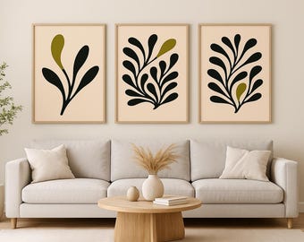 Japandi Botanical Print Set: Olive Green Abstract Art (Digital Download)
