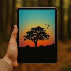 Sunset Tree Silhouette Wallpaper: Calming Nature Background (Digital Download)