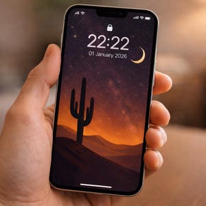 Desert Night Sky Wallpaper: Crescent Moon Cactus Art (Digital Download)