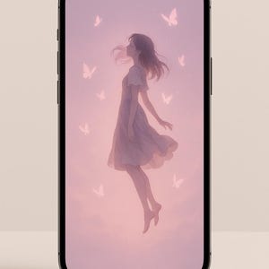 Op de afbeelding: Digitale illustratie op een smartphonescherm. Een vrouw zweeft in een roze lucht, omringd door vlinders. Ze draagt een lichte jurk, haar haar wappert. De achtergrond heeft een zachte, dromerige kwaliteit.