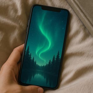 May include: A smartphone displaying a night sky with green aurora borealis over a dark forest and a lake reflecting the sky.