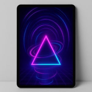 May include: A digital tablet shows a neon graphic. A pink and blue triangle is at the centre, encircled by concentric rings and a grid, all in blue and purple hues, set against a dark backdrop.