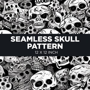 May include: A seamless pattern featuring a black and white illustration of skulls. The pattern is 12 inches by 12 inches.