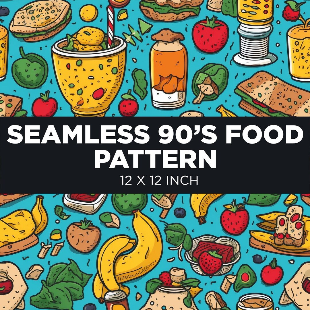 Retro 90's Food Seamless Pattern - Cartoon Meals Design for Textiles ...