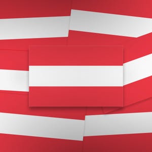 Op de afbeelding: Een rechthoekige vlag van Oostenrijk met drie horizontale banen van gelijke breedte. De bovenste en onderste banen zijn rood, terwijl de middelste baan wit is. Het ontwerp wordt herhaald in een gelaagd, overlappend patroon.