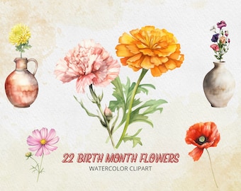 Watercolor Birth Month Flowers Clipart Set, Watercolor Floral PNG, Mother's Day Gift, Digital Download