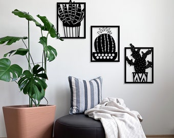 Metalowa dekoracja ścienna z motywem kaktusa: dekoracja do wnętrz i na zewnątrz (zestaw 3 sztuk)