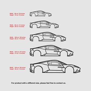 May include: Five different sizes of a car outline, with measurements in inches and centimetres. The outlines are black and white and are arranged from smallest to largest.