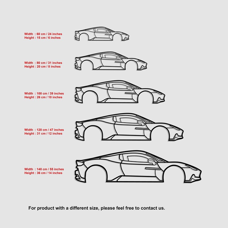 May include: Five different sizes of a car outline, with measurements in inches and centimetres. The outlines are black and white and are arranged from smallest to largest.