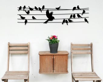 Metalowa dekoracja ścienna „Ptaki na drucie”, do wnętrz i na zewnątrz
