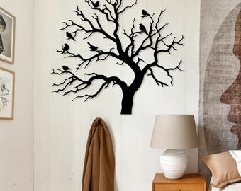 Metalowa dekoracja ścienna z drzewami i ptakami: leśna gałązka, dekoracja domu