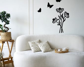 Metalowa dekoracja ścienna „Stokrotka i motyl” – rustykalny wystrój boho, zestaw 4 sztuk