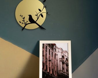 Metalowa dekoracja ścienna z motywem słońca, ptak na gałęzi, kolorowa dekoracja domu