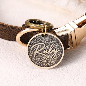 Custom 3D Filigree Pet Tag in Antique Bronze, Raised Letter Dog Collar Charm, Vintage Scroll Cat Name Plate, Art Nouveau ID, Elegant Gift