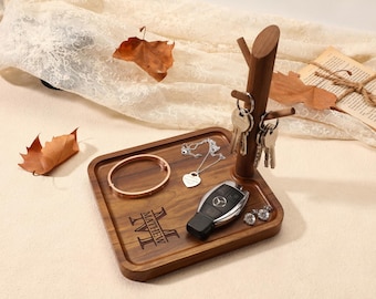 Bandeja de entrada personalizada con soporte para llaves, bandeja de madera para valet, llavero personalizado para papá, regalo de lujo para casa nueva, regalos de San Valentín para ella