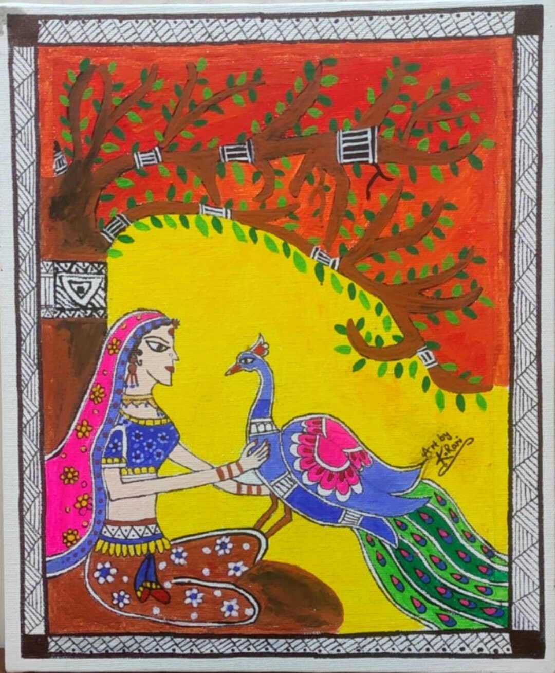 Indian Handmade A Lady With Peacock Madhubani Painting Wall - Etsy