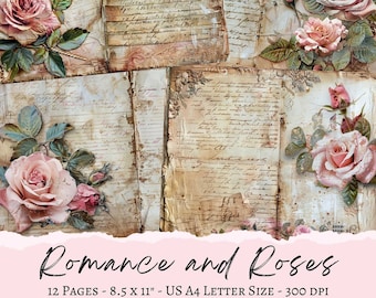 Romance & Roses Printable Journal Pages: Shabby Chic, Tea Stained, Decoupage, Collage