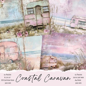 Kustcaravan, Beach Junk Journal, Beach Journal-pagina, afdrukbare strand, Camping Junk Journal, caravan RV digitaal, camping scrapbook achtergrond