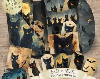 Cats & Bats Halloween Junk Journal Kit: Printable Ephemera (Digital Download)