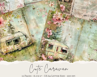 Cute Caravan, Camping Junk Journal, Travel Trailer Junk Journal Page, Scrapbook and Journal Background Paper, Camping Trailer