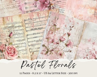 Flores en colores pastel, descarga digital, creación de tarjetas, diario basura, papel desgastado, papel para diario con flores, fondo de flores, papeles con flores vintage