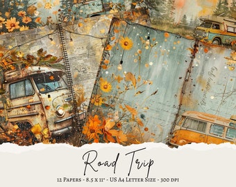 Road Trip, Camping Trip Junk Journal, Scrappy Papers, Shabby Stamperia, Digital Collage Sheet, Scrapbooking Papers,Campervan Junk Journal,