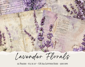Diario basura de lavanda, descarga digital, suministros para álbumes de recortes, tarjetas de felicitación, manualidades de papel, papel lavanda, papel de fondo, página de diario floral
