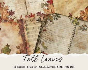 May include: Twelve pages of vintage-style paper with a fall leaves theme. The pages are decorated with autumn leaves, musical notes, and handwritten text. The paper is 8.5 inches by 11 inches and has a 300 DPI resolution.