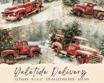 Yuletide Delivery Digital Paper: Red Christmas Truck, Christmas, Winter Scrapbook