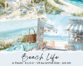 May include: A digital paper pack with 12 pages of beach-themed illustrations. The illustrations feature a beach scene with white chairs, a beach house, a picnic basket, and a beachside shop. The paper pack is 8.5 inches by 11 inches and has a resolution of 300 DPI.