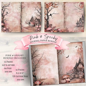 Rose et effrayant, journal indésirable d'Halloween, page de journal effrayante, imprimable pour Halloween, effrayant Halloween numérique, fond de scrapbooking Halloween effrayant