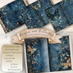 Lucciole Farfalle Carta da giornale, Farfalla blu digitale stampabile, Sfondo per album di ritagli Notte di luna Farfalla blu, Pagine al chiaro di luna Luna blu