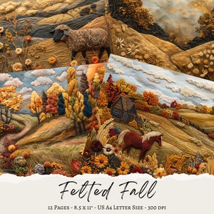 Carnet feutrée d'automne, scènes d'automne, broderie en feutre, téléchargement numérique, collage, papiers de scrapbooking, page papier imprimable, arrière-plan