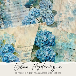 Blue Hydrangea Junk Journal Paper: Shabby Floral Ephemera (Digital Download)