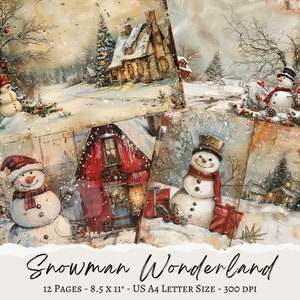 Snowman Junk Journal, sneeuwlandschap, digitaal papier sneeuwpop, plakboek, Xmas Junk Journal, winters tafereel, kerstsneeuwpop, rode schuur