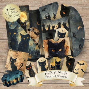 Folio i Ephemera Cats & Bats, Dziennik śmieci na Halloween, Halloween do druku cyfrowego, Scrapbooking na Halloween, Ephemera, Czarny kot, Nietoperz, Jesień