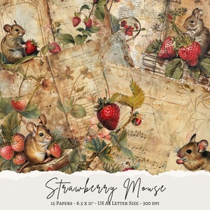 Erdbeermaus Junk Journal Papier Seiten, Erdbeermaus Digitales Scrapbook Papier, Erdbeermaus Hintergrund