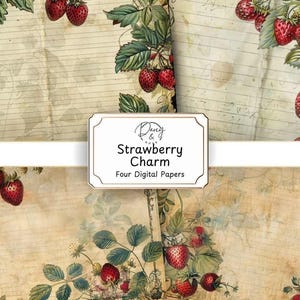 Páginas de diario basura con encanto de fresa, papeles con temática de frutas, papel de fondo y álbum de recortes imprimible, fresas de verano