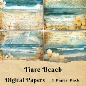Diario de basura playera, papel digital, decoupage, papel para álbumes de recortes, tarjetas de felicitación, papel de fondo, olas del océano, cartas escritas a mano, tiaré