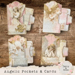 May include: Four decorative paper pockets and cards featuring vintage-style illustrations of angels, floral motifs, and script text. The designs incorporate soft pink, cream, and gold tones with scalloped edges and integrated tabs for journaling.